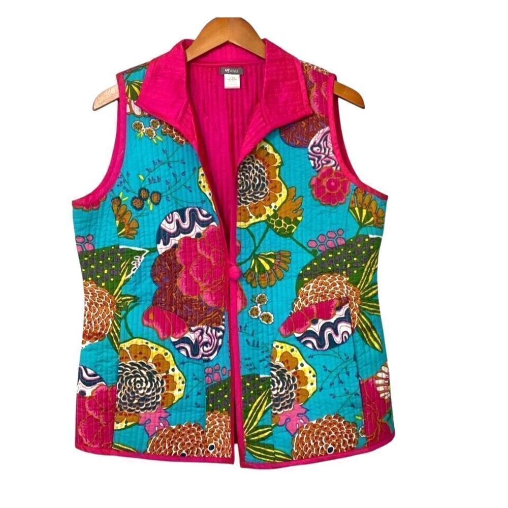 Anu Women's Quilted Vest Reversible Silk Blend Multicolor Floral Hot Pink Size M